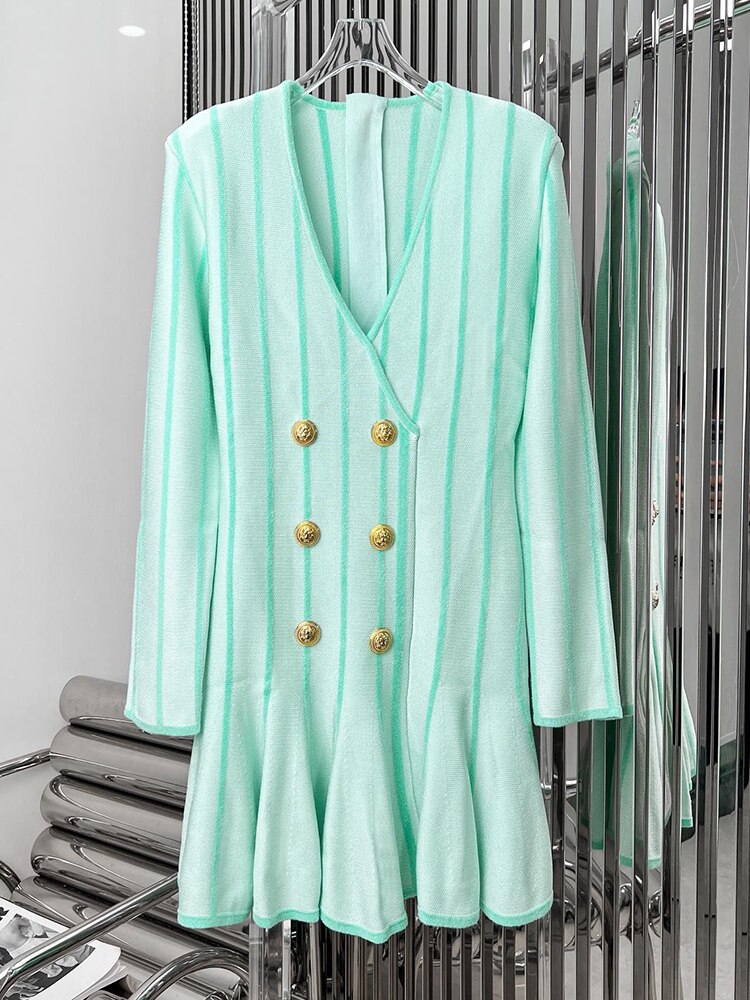 Short Tweed Dress With Gold-Tone Buttons Sexy Green Striped V-Neck Zip Mini Dresses Fall Women's Clothing Streetwear - Sallomin