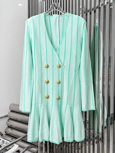 Short Tweed Dress With Gold-Tone Buttons Sexy Green Striped V-Neck Zip Mini Dresses Fall Women's Clothing Streetwear - Sallomin