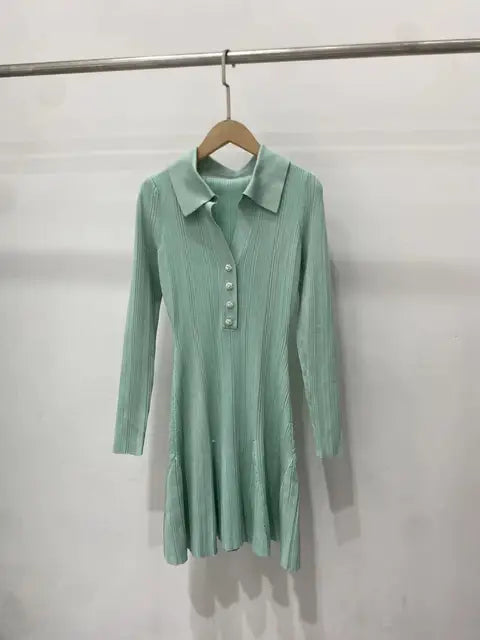 Mint Green Long Sleeve Lapel Knit Womens dresses Fashion Elegant High Waist Stretch Slim A-line Mini Dress  Spring New - Sallomin
