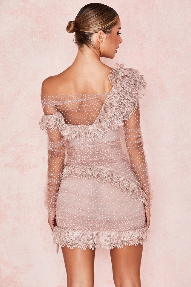 Lace long-sleeved short skirt polka-dot mesh splicing sexy hip-hugging dress ready for sale - Sallomin