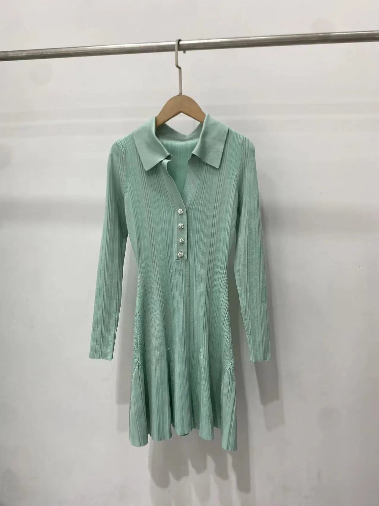 Mint Green Long Sleeve Lapel Knit Womens dresses Fashion Elegant High Waist Stretch Slim A-line Mini Dress  Spring New - Sallomin