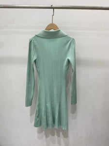 Mint Green Long Sleeve Lapel Knit Womens dresses Fashion Elegant High Waist Stretch Slim A-line Mini Dress  Spring New - Sallomin