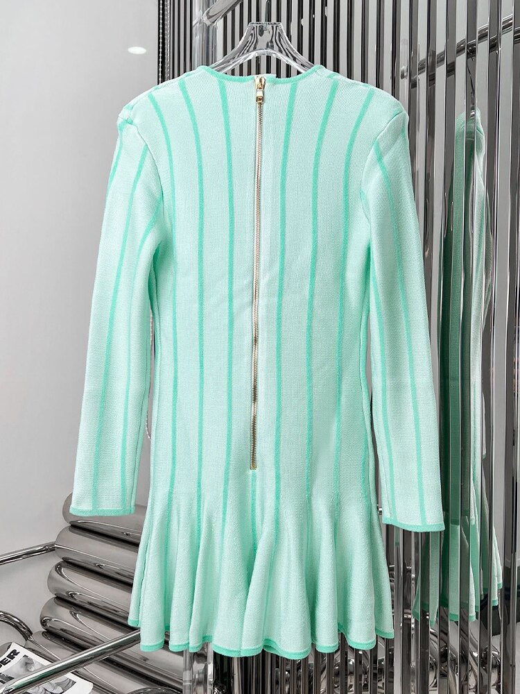 Short Tweed Dress With Gold-Tone Buttons Sexy Green Striped V-Neck Zip Mini Dresses Fall Women's Clothing Streetwear - Sallomin