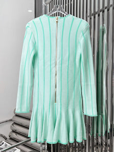 Short Tweed Dress With Gold-Tone Buttons Sexy Green Striped V-Neck Zip Mini Dresses Fall Women's Clothing Streetwear - Sallomin