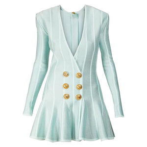 Short Tweed Dress With Gold-Tone Buttons Sexy Green Striped V-Neck Zip Mini Dresses Fall Women's Clothing Streetwear - Sallomin