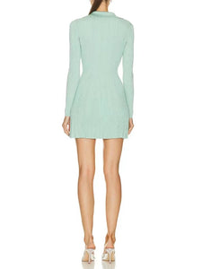 Mint Green Long Sleeve Lapel Knit Womens dresses Fashion Elegant High Waist Stretch Slim A-line Mini Dress  Spring New - Sallomin