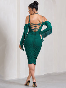 Elegant Backless Ruched Midi Dress  Spaghetti Strap Long