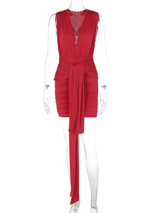 Mozision Red Deep V Neck Sleeveless Mini Dress