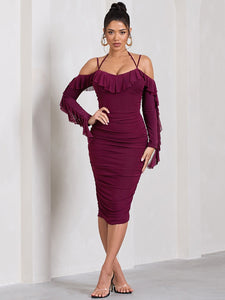 Elegant Backless Ruched Midi Dress  Spaghetti Strap Long