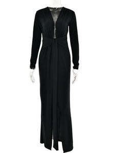 Moision Deep V Neck Long Sleeve Split Maxi Dress