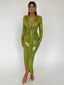 Deep V Neck Long Sleeve Bodycon Maxi Dress