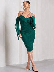 Elegant Backless Ruched Midi Dress  Spaghetti Strap Long