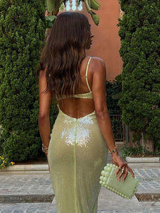 Sexy Backless Sequin Slim Dress Women V-neck