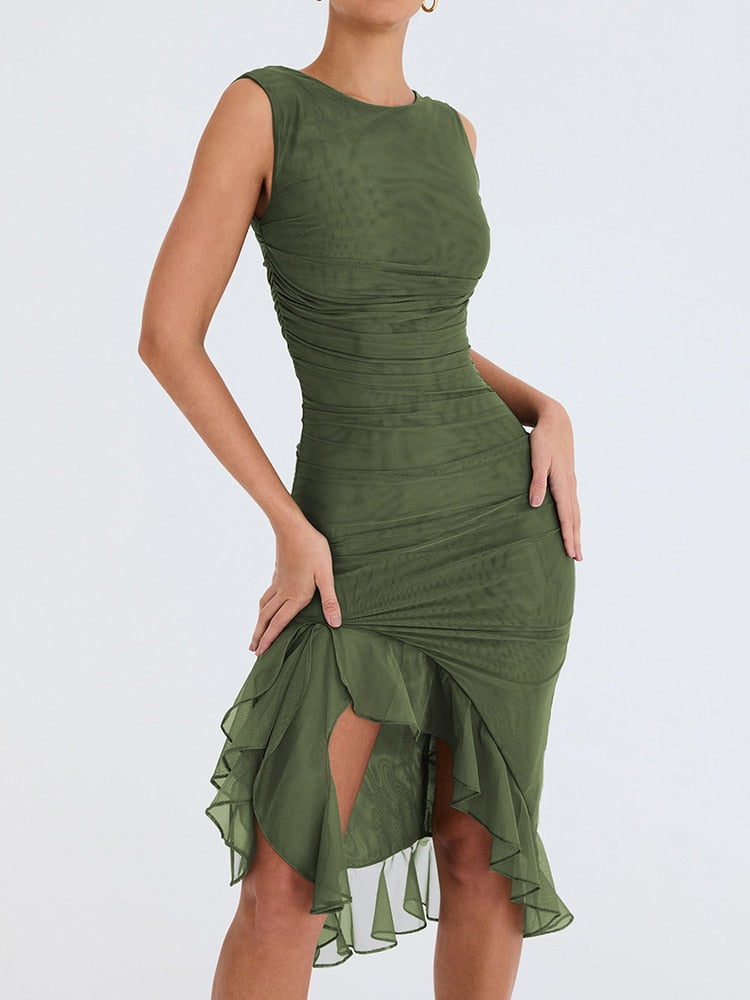 Mozision Elegant Ruffle Ruched Midi Dress