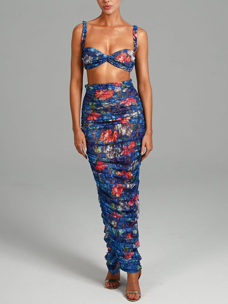 Strapless Top And Skirt Sets Female Ruched Print Sexy Two Piece Set